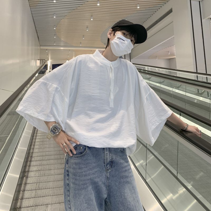 新中式寬鬆顯瘦百搭冰絲五分袖蝙蝠襯衫