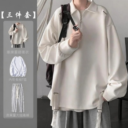【單件/套裝】日系polo領設計感半拉鏈翻領上衣+長袖T恤+百搭休閑褲三件套