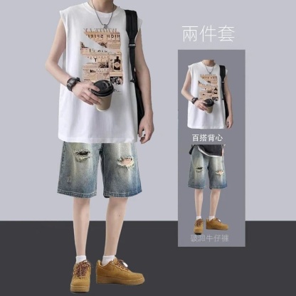 【單件/套裝】潮流寬鬆短袖帥氣牛仔短褲兩件套裝