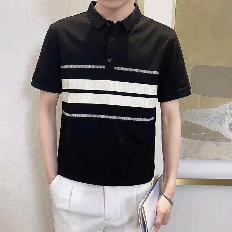 Polo領潮流修身條紋拼接時尚短袖T恤