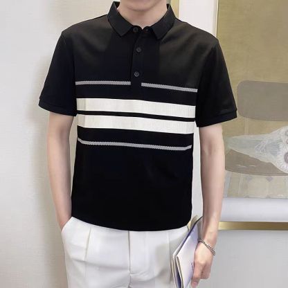 Polo領潮流修身條紋拼接時尚短袖T恤