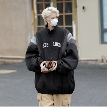 痞帥薄款嘻哈百搭拼接立領夾克外套