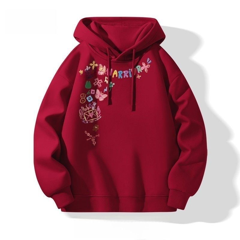 美式塗鴉花卉印花寬鬆休閒連帽情侶衛衣