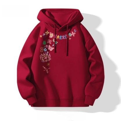 美式塗鴉花卉印花寬鬆休閒連帽情侶衛衣
