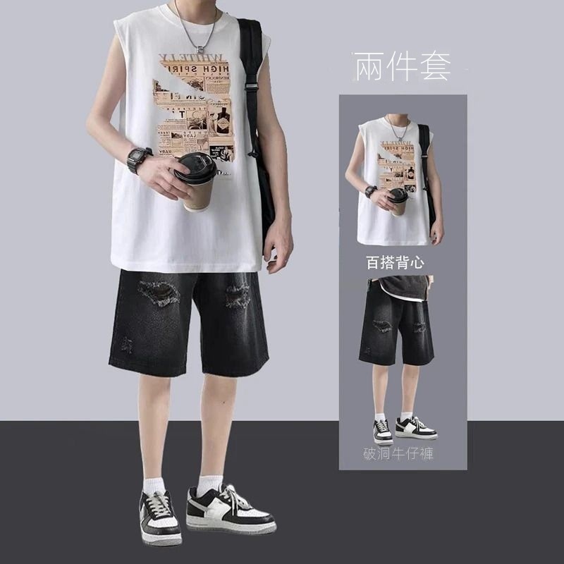 【單件/套裝】潮流寬鬆短袖帥氣牛仔短褲兩件套裝