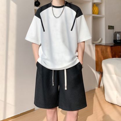 套裝男士夏季薄款休閒整套搭配青少年寬鬆短袖透氣t恤五分短褲男