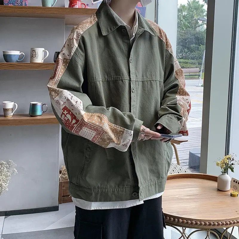 休閒工裝拼接花袖寬鬆文藝夾克外套