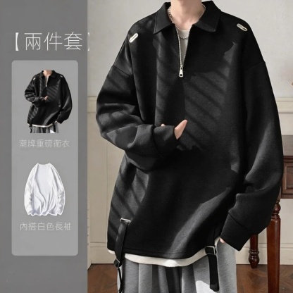 【單件/套裝】日系polo領設計感半拉鏈翻領上衣+長袖T恤+百搭休閑褲三件套