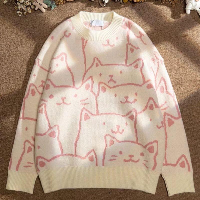 小貓可愛復古慵懶風圓領長袖針織衫