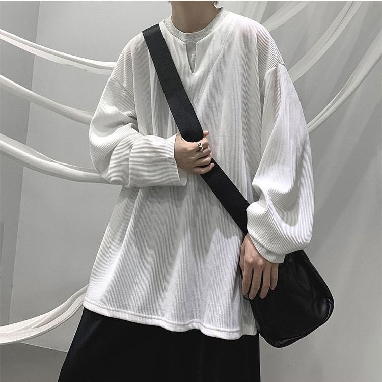 垂墜感潮流休閒假兩件港風日系長袖T恤