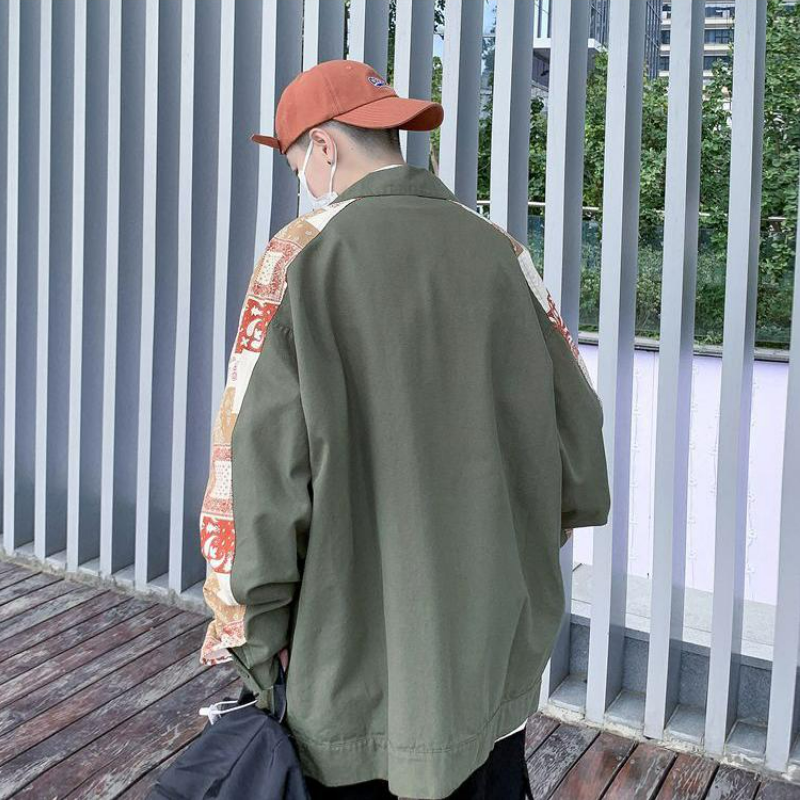 休閒工裝拼接花袖寬鬆文藝夾克外套