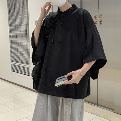 新中式寬鬆顯瘦百搭冰絲五分袖蝙蝠襯衫