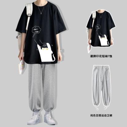 【單件/套裝】ins潮牌貓咪印花短袖t恤+運動束腳褲裝兩件套套裝