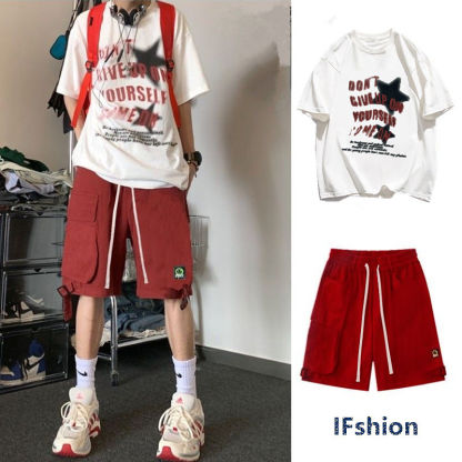 美式hiphop工裝褲男女套裝潮牌夏季新款寬鬆百搭五分闊腿褲