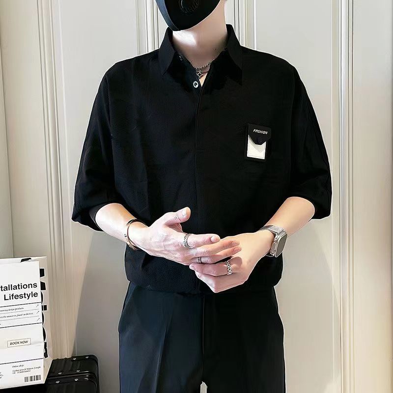 潮流時尚休閒寬鬆痞帥冰絲五分短袖襯衫