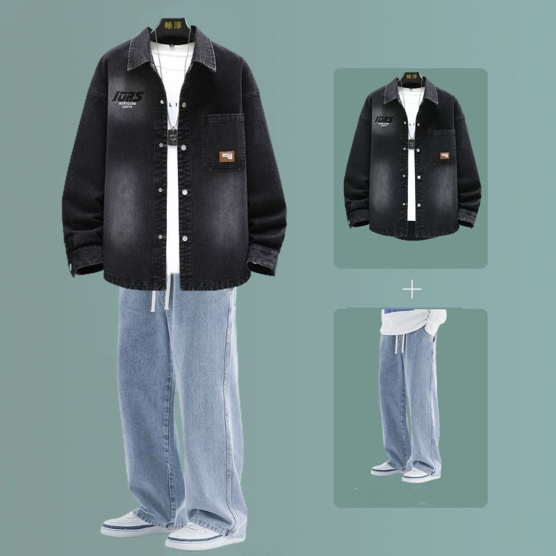 【單件/套裝】牛仔翻領夾克襯衫+系帶牛仔褲裝兩件套套裝