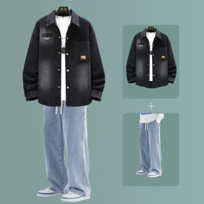 【單件/套裝】牛仔翻領夾克襯衫+系帶牛仔褲裝兩件套套裝