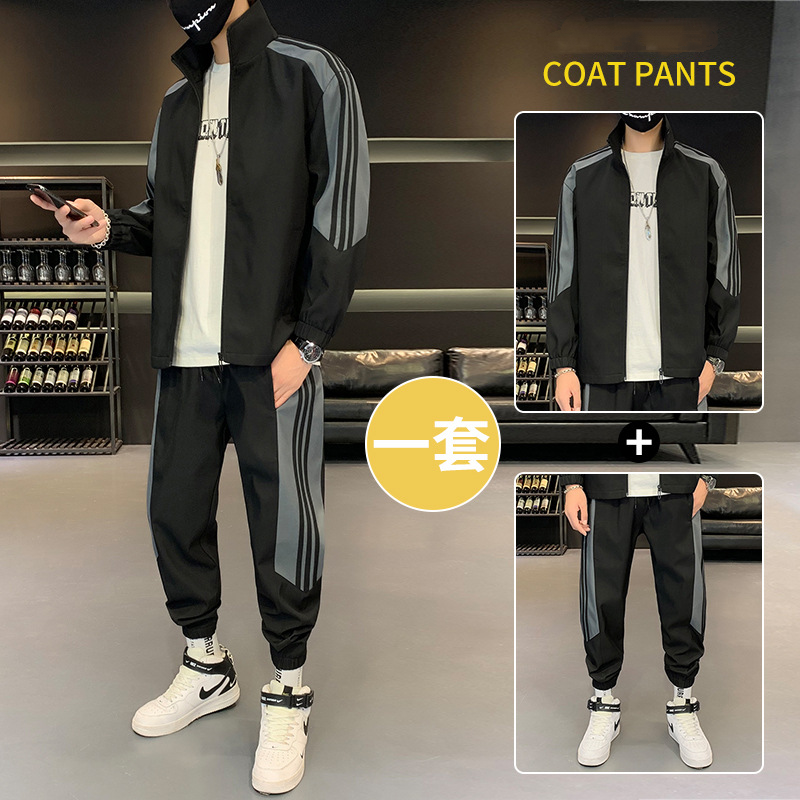 【套裝】運動潮流撞色長袖夾克+休閒束腳工裝褲裝套裝