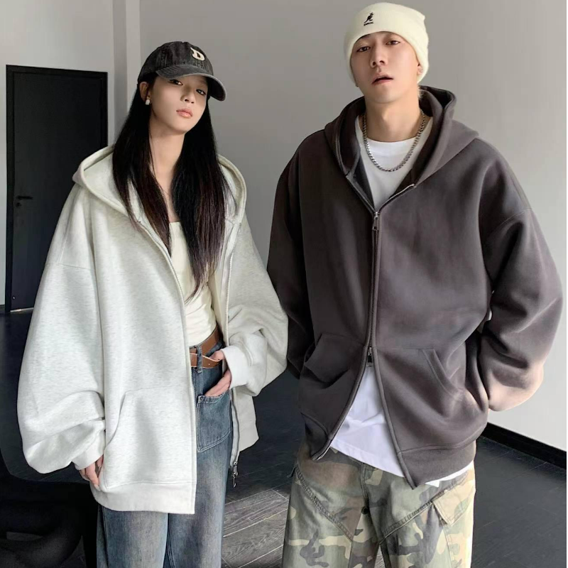 重磅時尚潮流寬鬆休閒素色開衫雙拉鏈連帽T