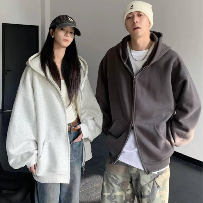 重磅時尚潮流寬鬆休閒素色開衫雙拉鏈連帽T