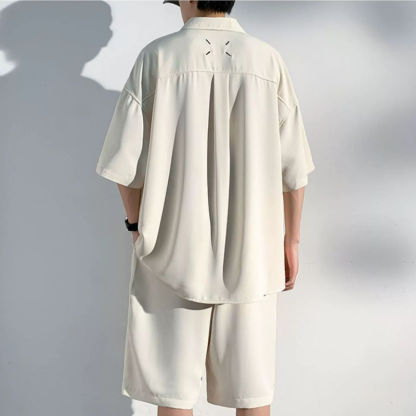 【整套】時尚痞帥寬松冰絲短袖襯衫+運動休閑短褲兩件套