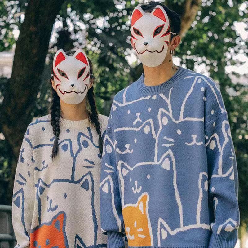 小貓可愛復古慵懶風圓領長袖針織衫