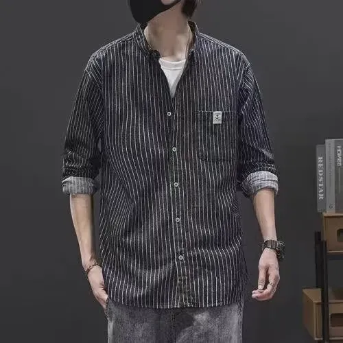 潮牌日系條紋打底長袖內搭寬鬆休閒襯衫