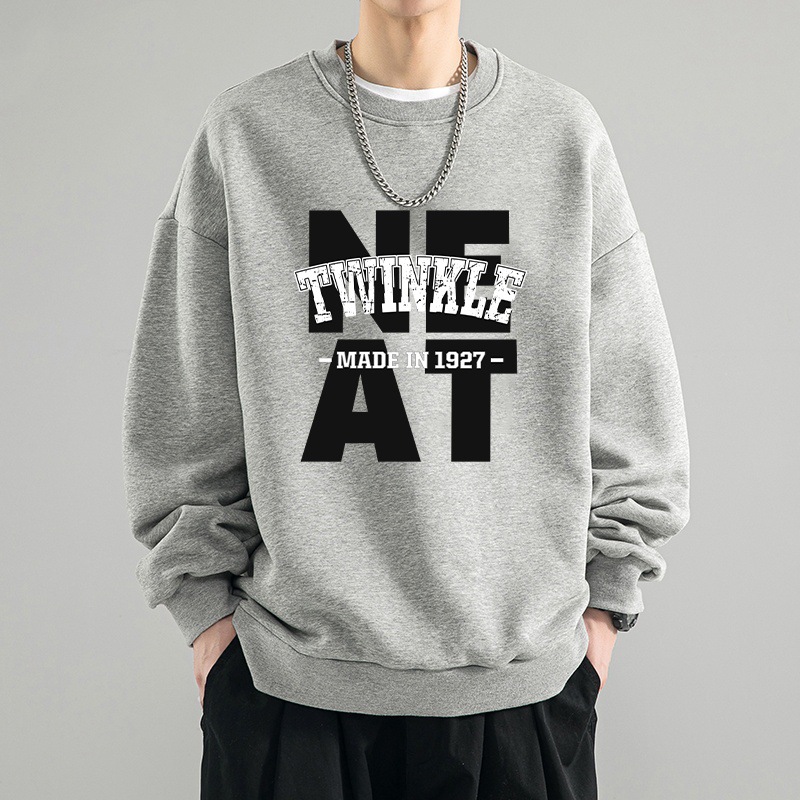 重磅美式寬鬆圓領印花潮流刷毛長袖T恤