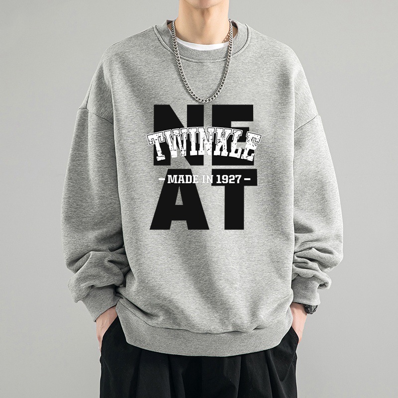 重磅美式寬鬆圓領印花潮流刷毛長袖T恤