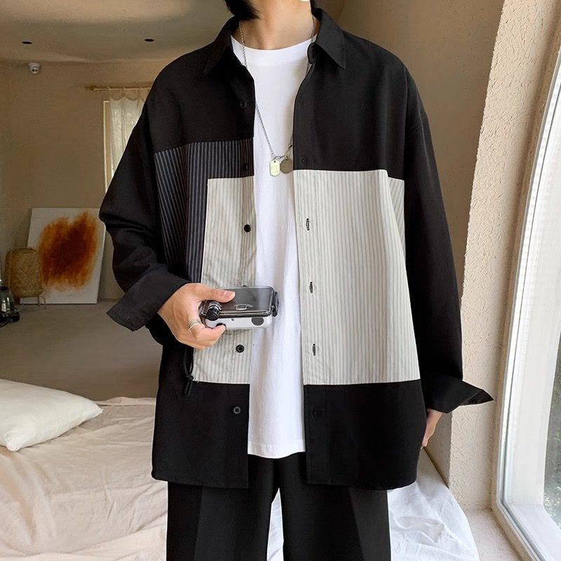 設計感百搭潮流寬鬆拼接條紋襯衫