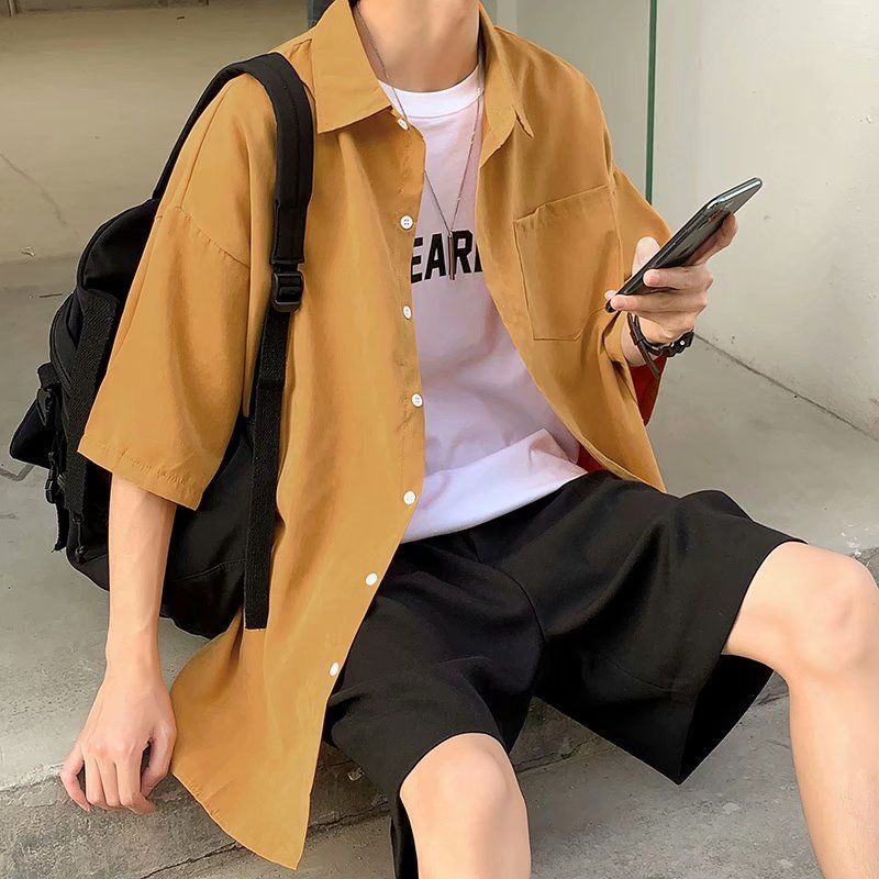 韓版潮流帥氣素色港風痞帥寬鬆情侶短袖襯衫