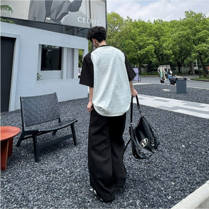 【整套】美式復古拼接撞色痞帥短袖T恤+設計感休閑長褲兩件套