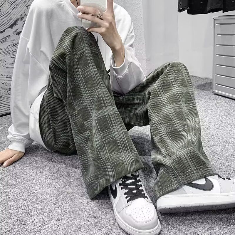 港風ins潮流復古直筒寬鬆休閒格子運動褲
