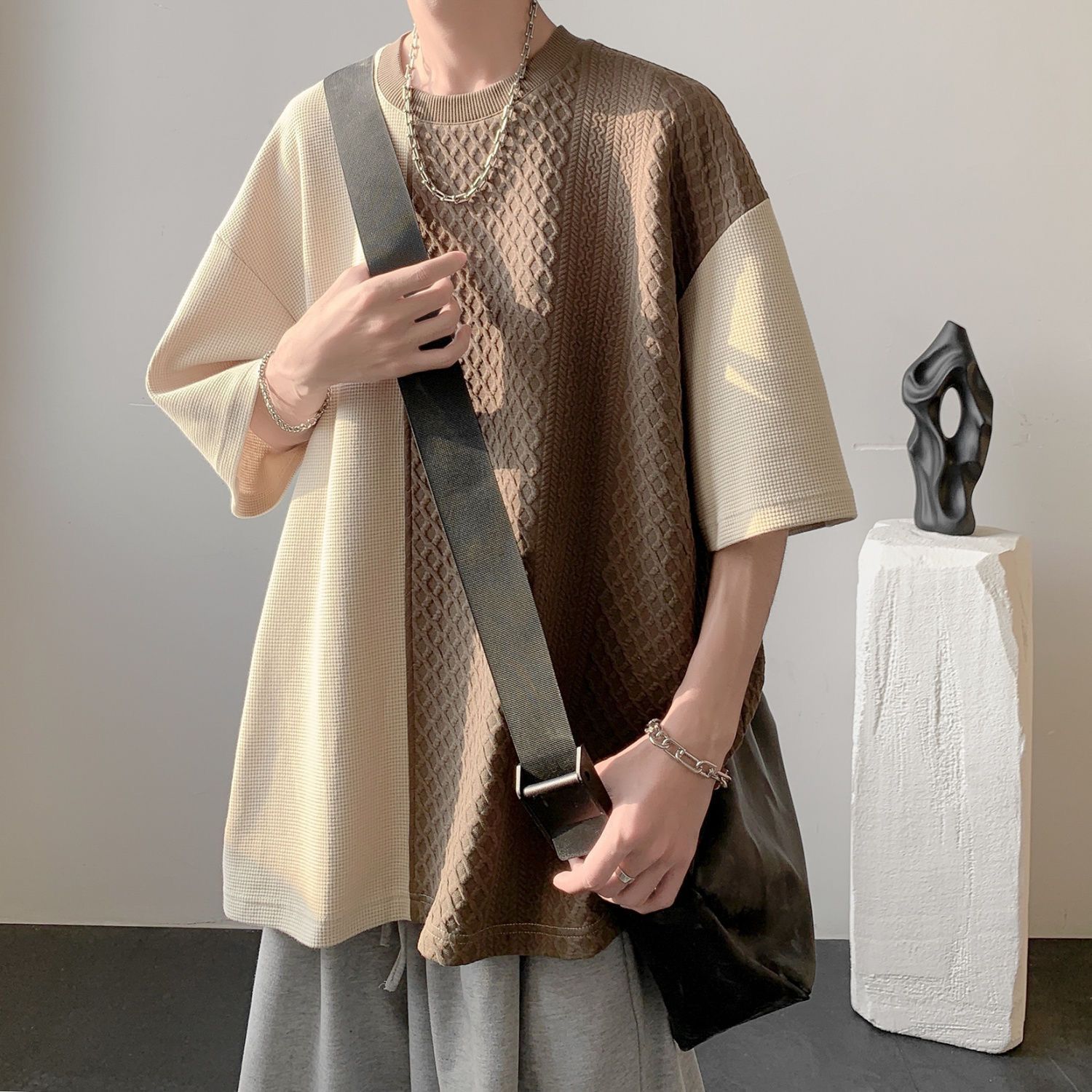 美式復古華夫格設計感拼接撞色短袖t恤