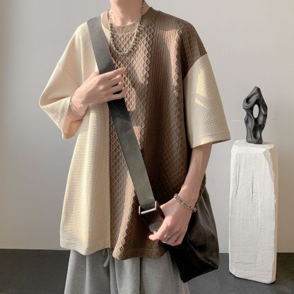 美式復古華夫格設計感拼接撞色短袖t恤