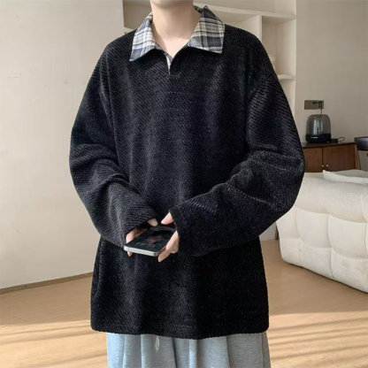 假兩件針織polo打底衫寬鬆大碼長袖t恤