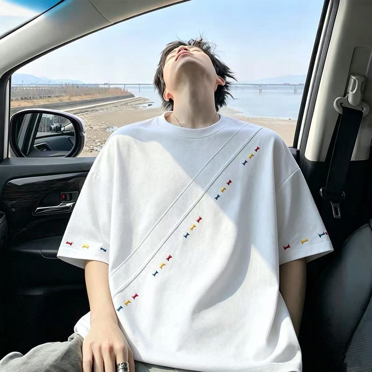 美式潮流高級感刺繡痞帥拼接短袖t恤