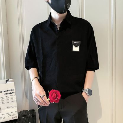 潮流時尚休閒寬鬆痞帥冰絲五分短袖襯衫