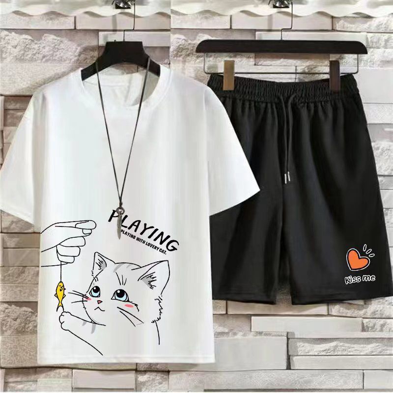 【套裝】休閒運動夏季新款修身韓版t恤潮牌短袖短褲