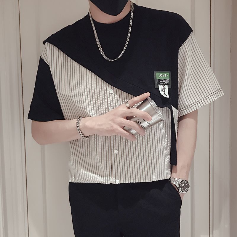 休閒潮流拼接薄款假兩件短袖t恤