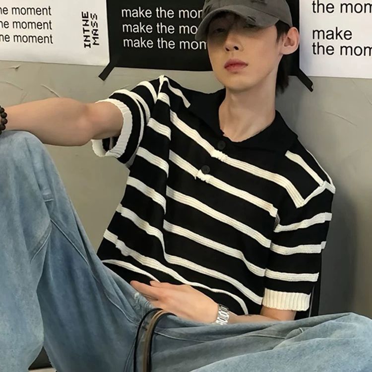 黑白條紋鏤空冰絲針織衫美式翻領polo衫短袖t恤