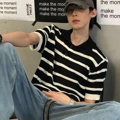 黑白條紋鏤空冰絲針織衫美式翻領polo衫短袖t恤