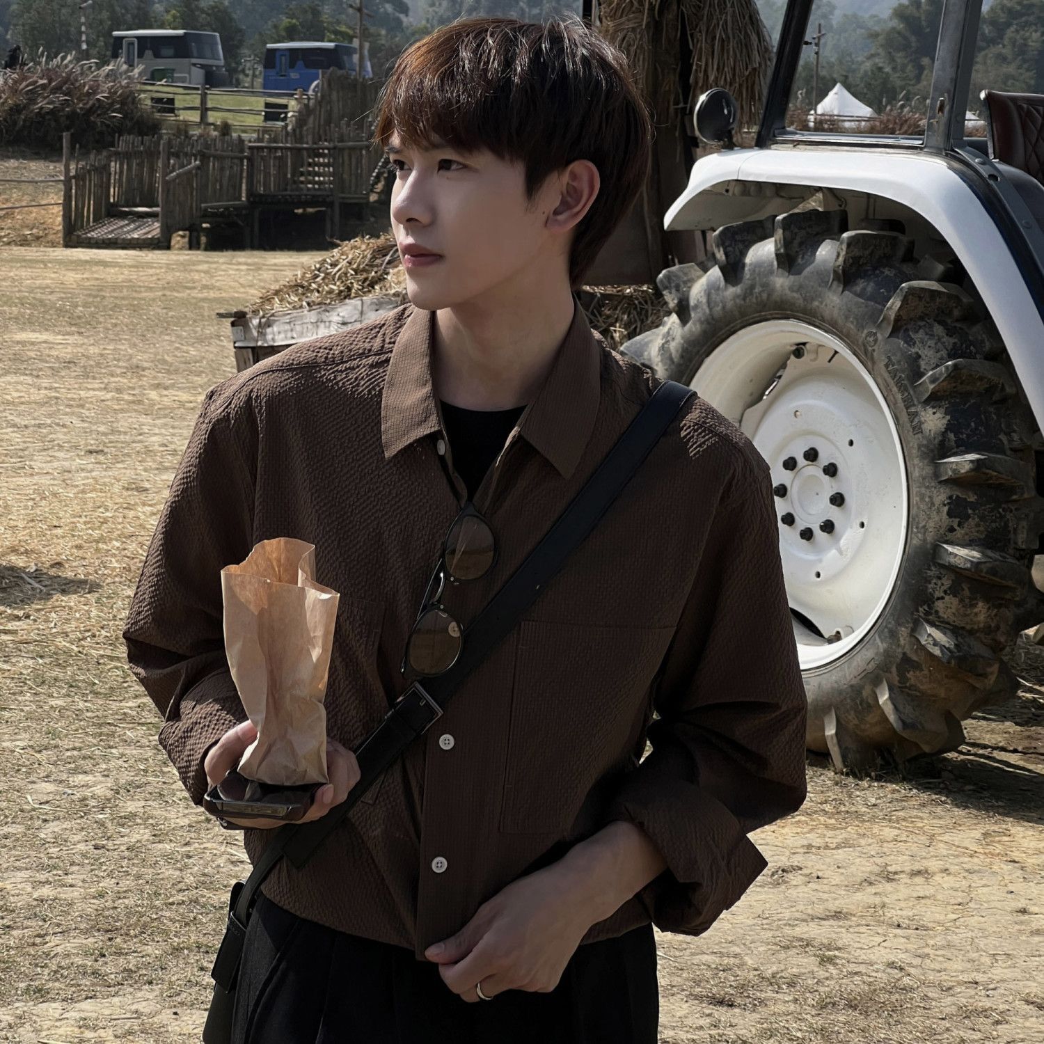 【單件/套裝】韓系時尚咖色泡泡肌理面料襯衫+寬松百搭休閑西褲兩件套