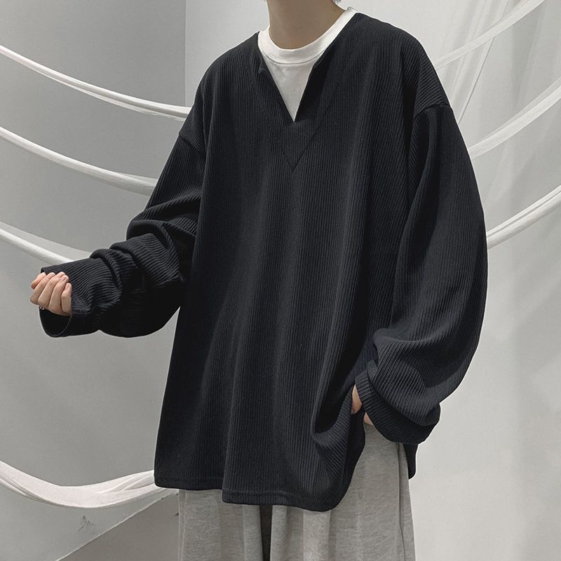 垂墜感潮流休閒假兩件港風日系長袖T恤