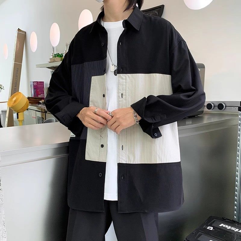 設計感百搭潮流寬鬆拼接條紋襯衫