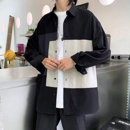 設計感百搭潮流寬鬆拼接條紋襯衫