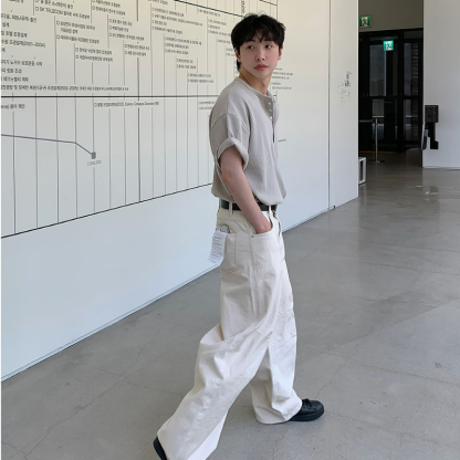 亨利領螺紋華夫格韓版透氣休閒百搭時尚短袖t恤