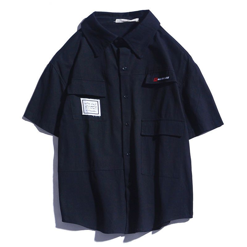 日系工裝短袖復古潮牌港風短袖襯衫