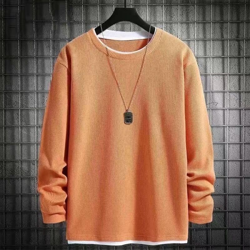 華夫格長袖假兩件內搭撞色衛衣