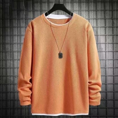 華夫格長袖假兩件內搭撞色衛衣